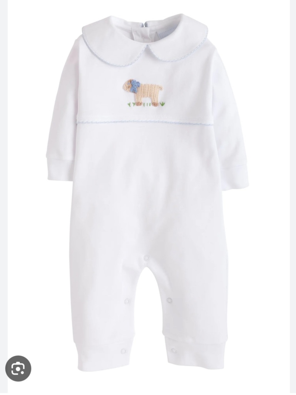 Little English One-Piece Playsuit with Blue Trim & Crochet Embroidered Lamb